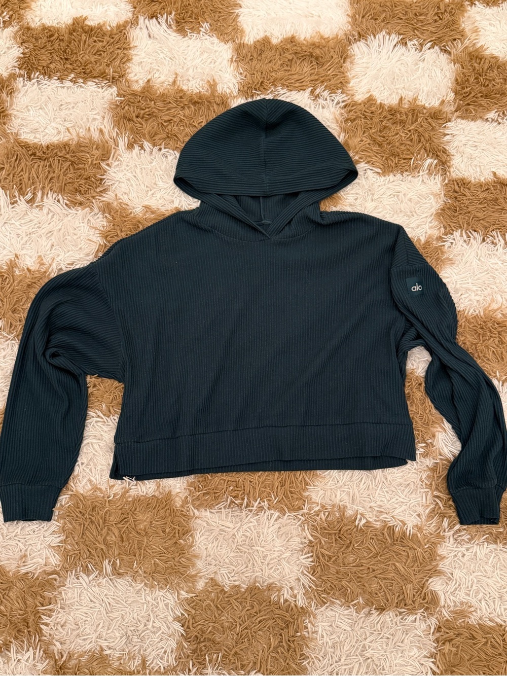 ALO Yoga Ribbed Cropped Hoodie in Dark Teal